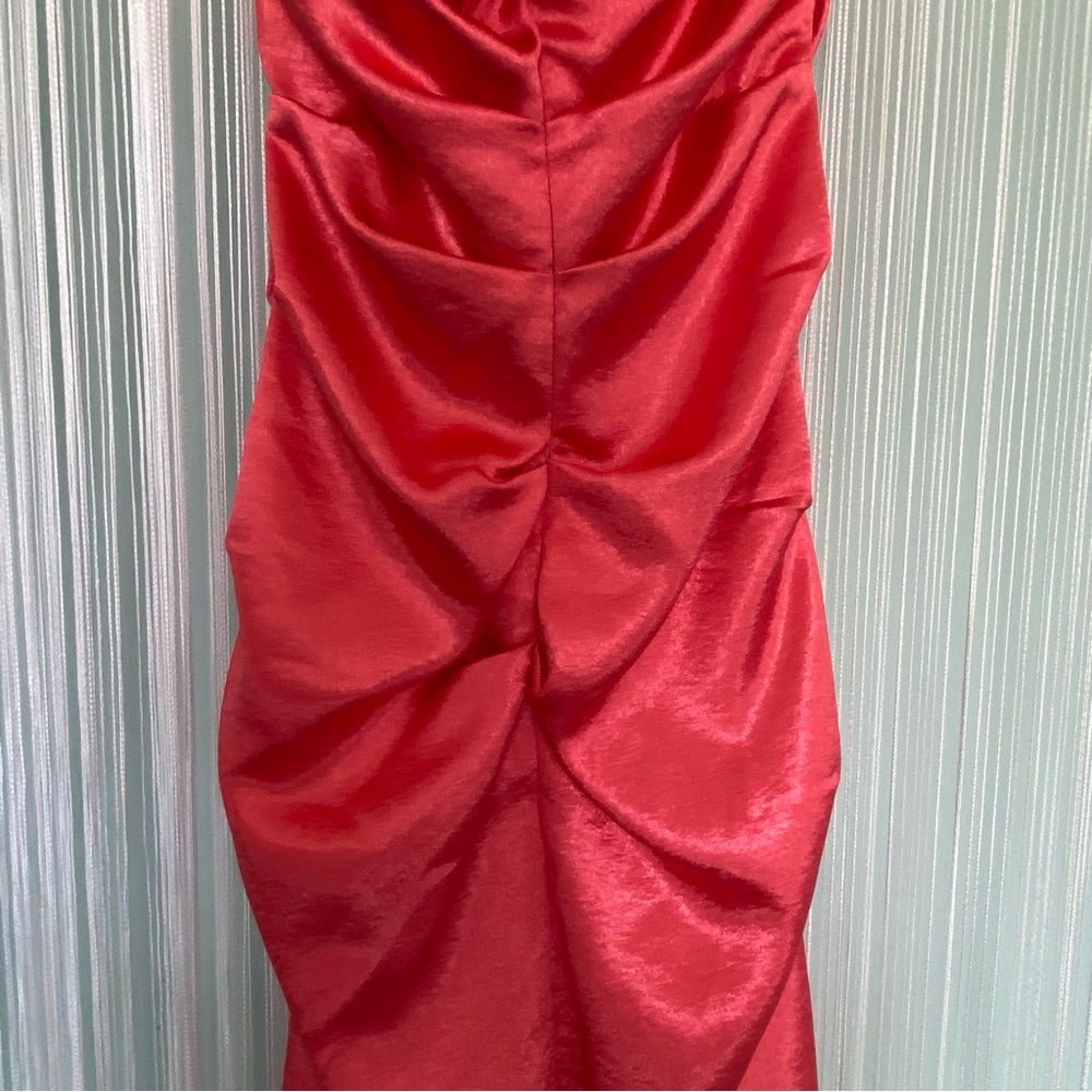 Coral Satin Ruched Strapless Dress - Picture 8 of 17